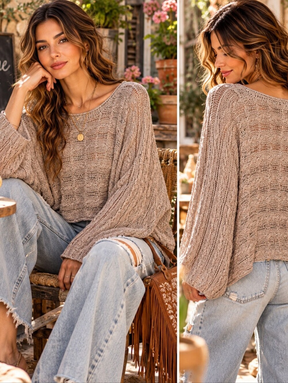 058 Open Knit Crochet Boho Cropped Sweater Top In Caramel Almond